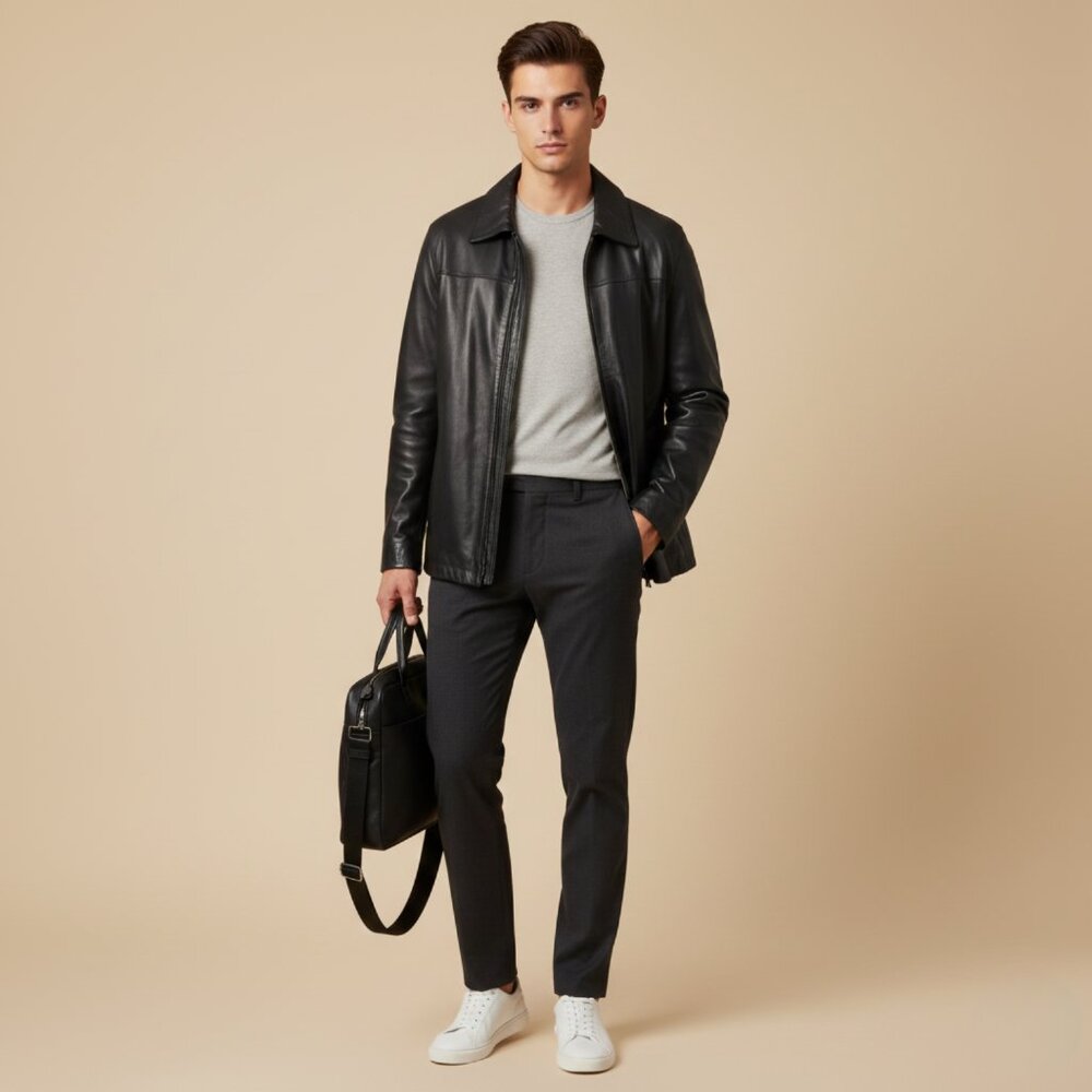 Danier Mens Large Full Zip Genuine Soft Leather Biker Jacket Cn